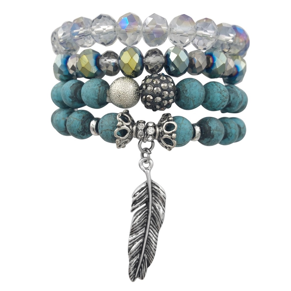 4 Row Semi-Precious Stone & Glass Layered Feather Dangle Charm Stretch Bracelet
